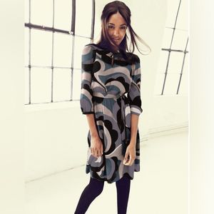 Boden Retro Abstract Swirl Gray Keyhole 3/4 Sleeve Dress